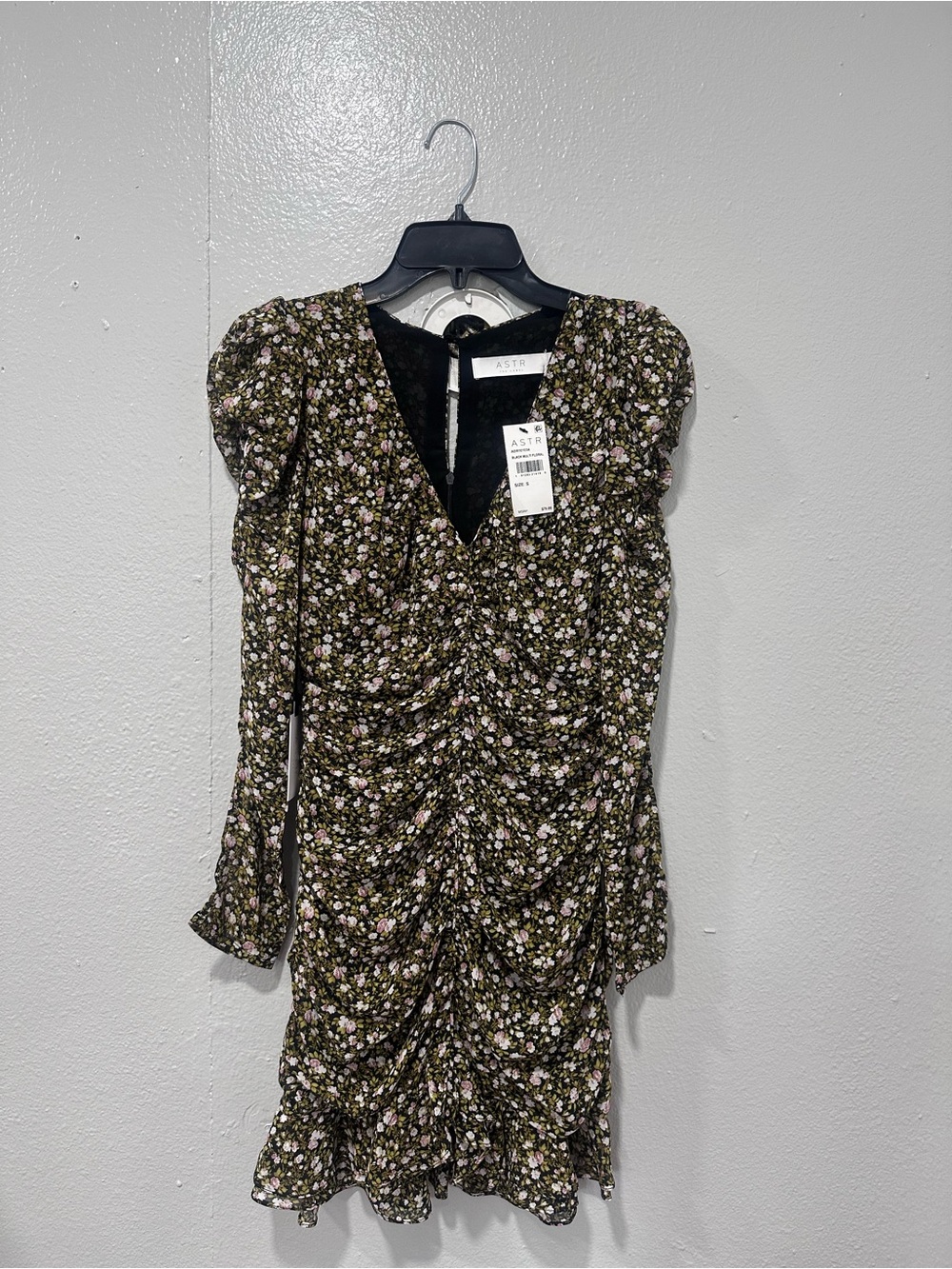 Astr Black Floral Ruched Mini Dress with Pink and Cream Blossoms